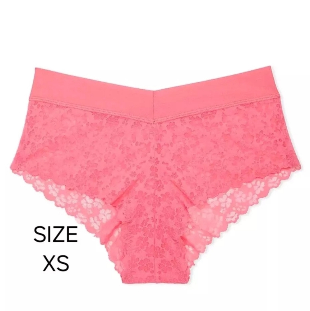 NWT XS Victoria's Secret PINK No Show Cheeky Panties Floral Lace In Coral